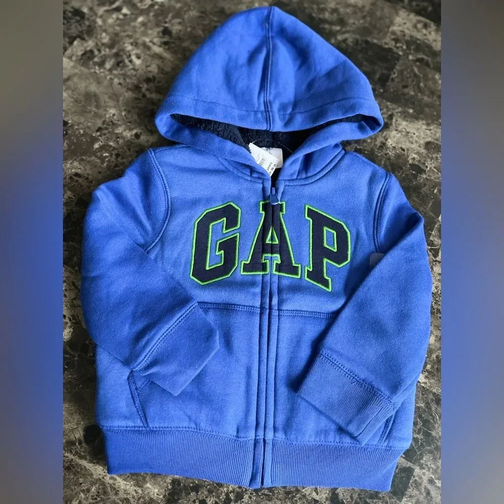 Gap Baby Front Logo Sherpa Lined Zip Hoodie Soft Cotton Fleece Winter Blue 2yrs